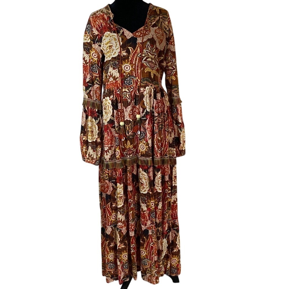 Barok Paris Womens Floral Print Fringe Trim‎ Long Sleeve Maxi Dress Size M/L